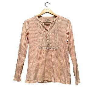 L.L. Bean Women's Melon Pink Striped Cotton Blouse Size Small Roll Tab Sleeves